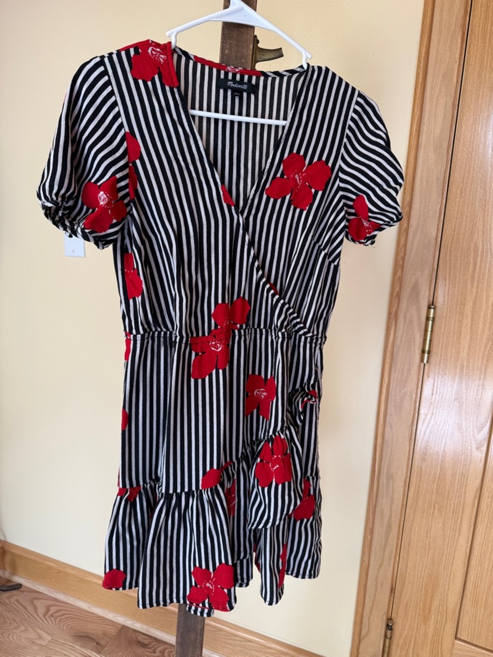 Madewell Black & White Striped Mini Dress with Red Floral Accents